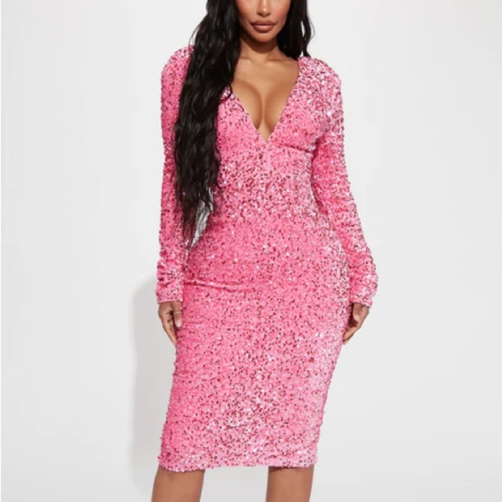 Fashion Nova Pink Sequin Long Sleeve Dress
